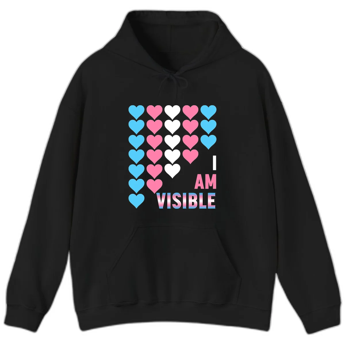 I Am Visible Pride design with repeating cyan, pink, and white hearts on gray background and gradient text message in Black