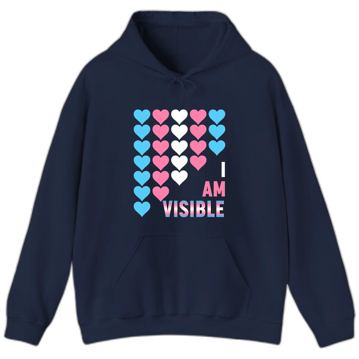 I Am Visible Pride design with repeating cyan, pink, and white hearts on gray background and gradient text message in Navy