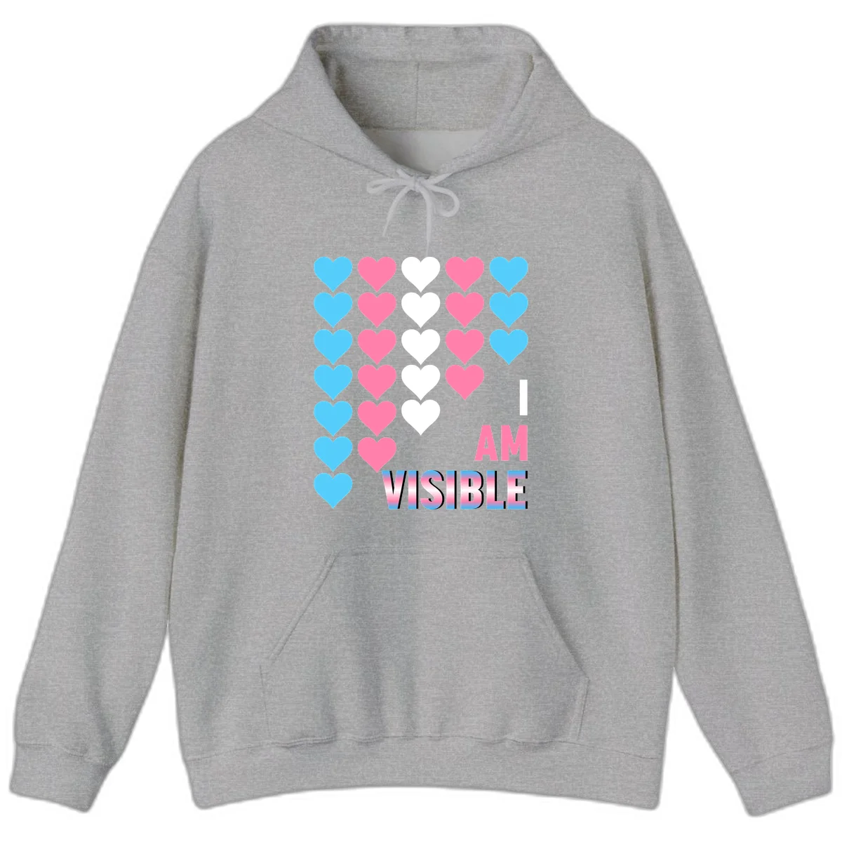 I Am Visible Pride design with repeating cyan, pink, and white hearts on gray background and gradient text message in Sport Grey