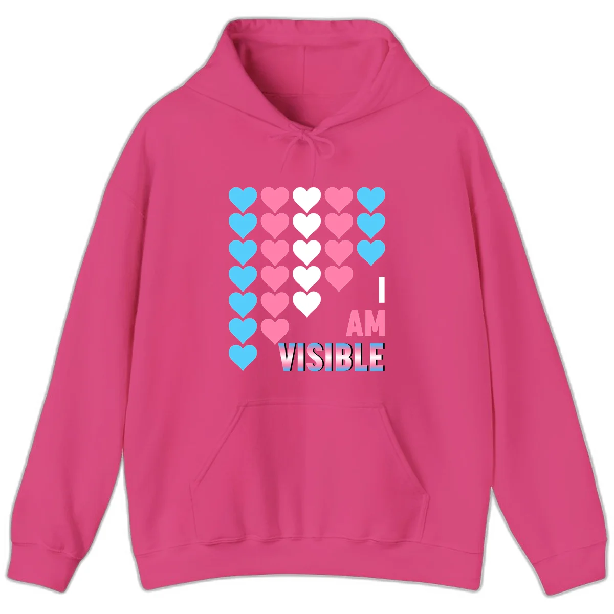 I Am Visible Pride design with repeating cyan, pink, and white hearts on gray background and gradient text message in Heliconia