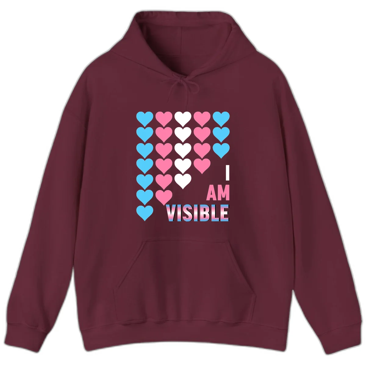 I Am Visible Pride design with repeating cyan, pink, and white hearts on gray background and gradient text message in Maroon