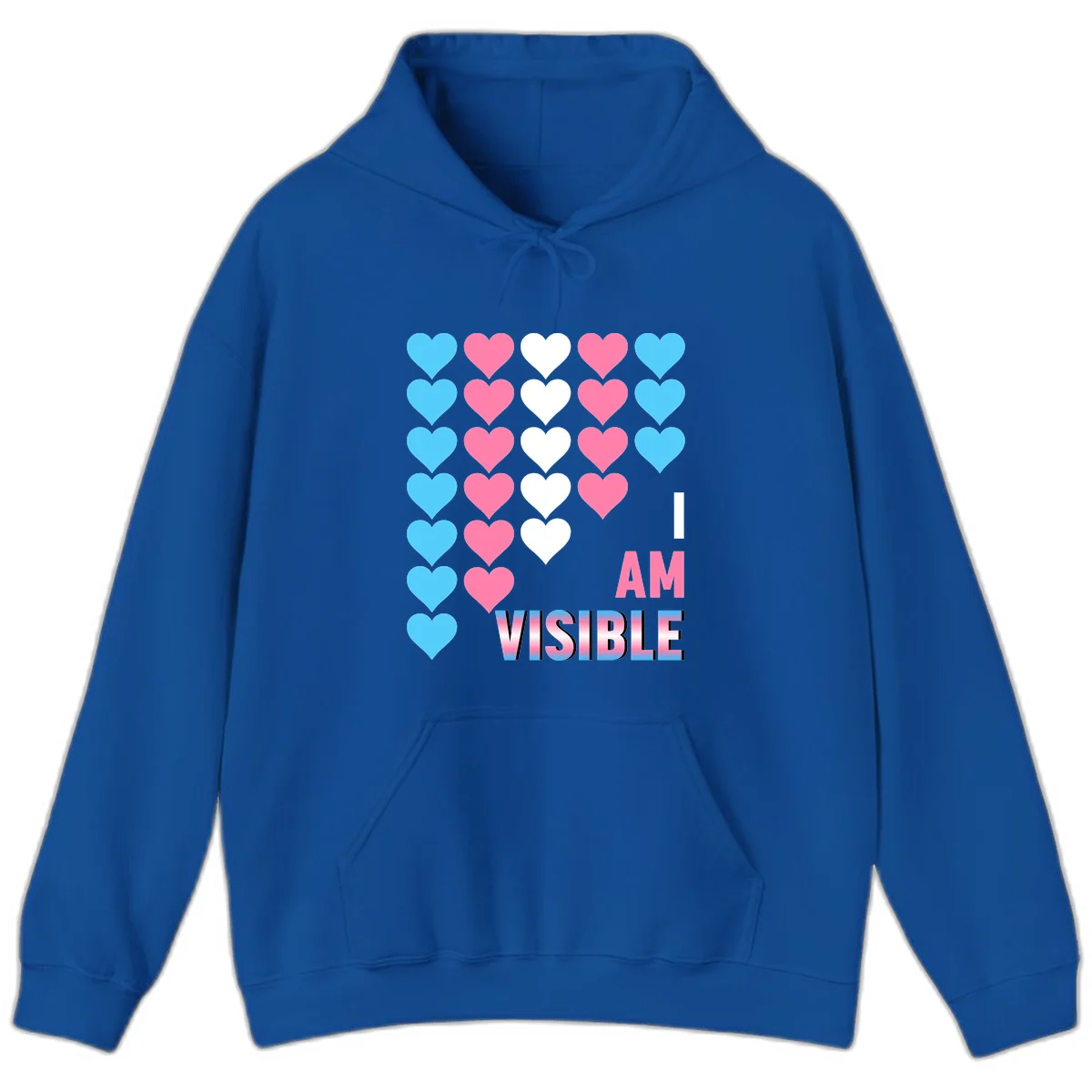 I Am Visible Pride design with repeating cyan, pink, and white hearts on gray background and gradient text message in Royal
