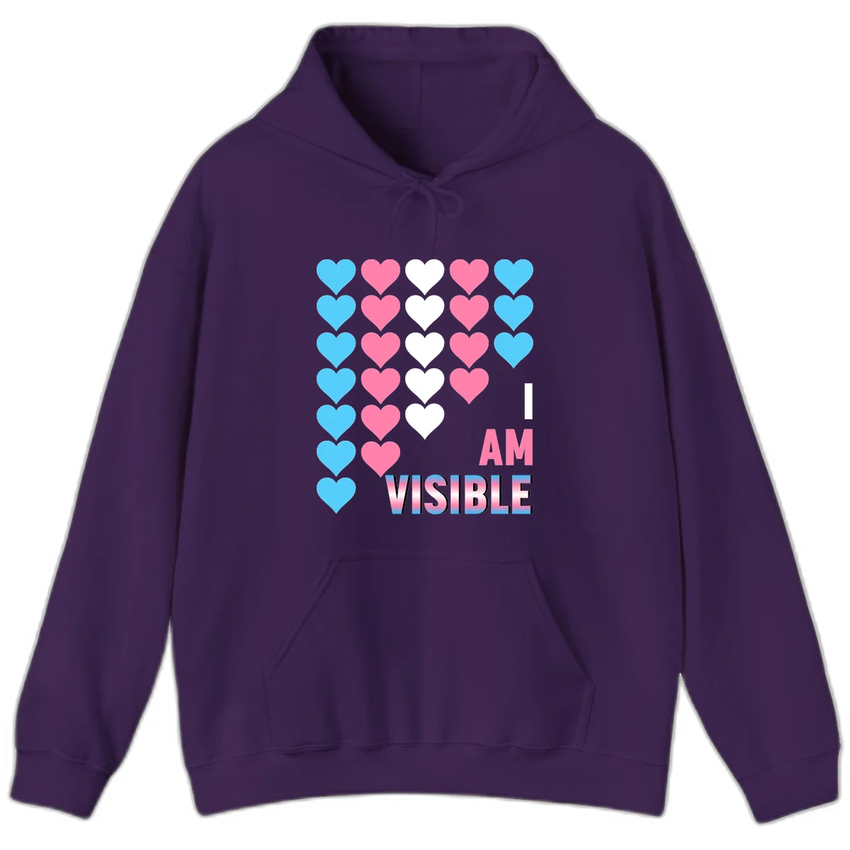 I Am Visible Pride design with repeating cyan, pink, and white hearts on gray background and gradient text message in Purple
