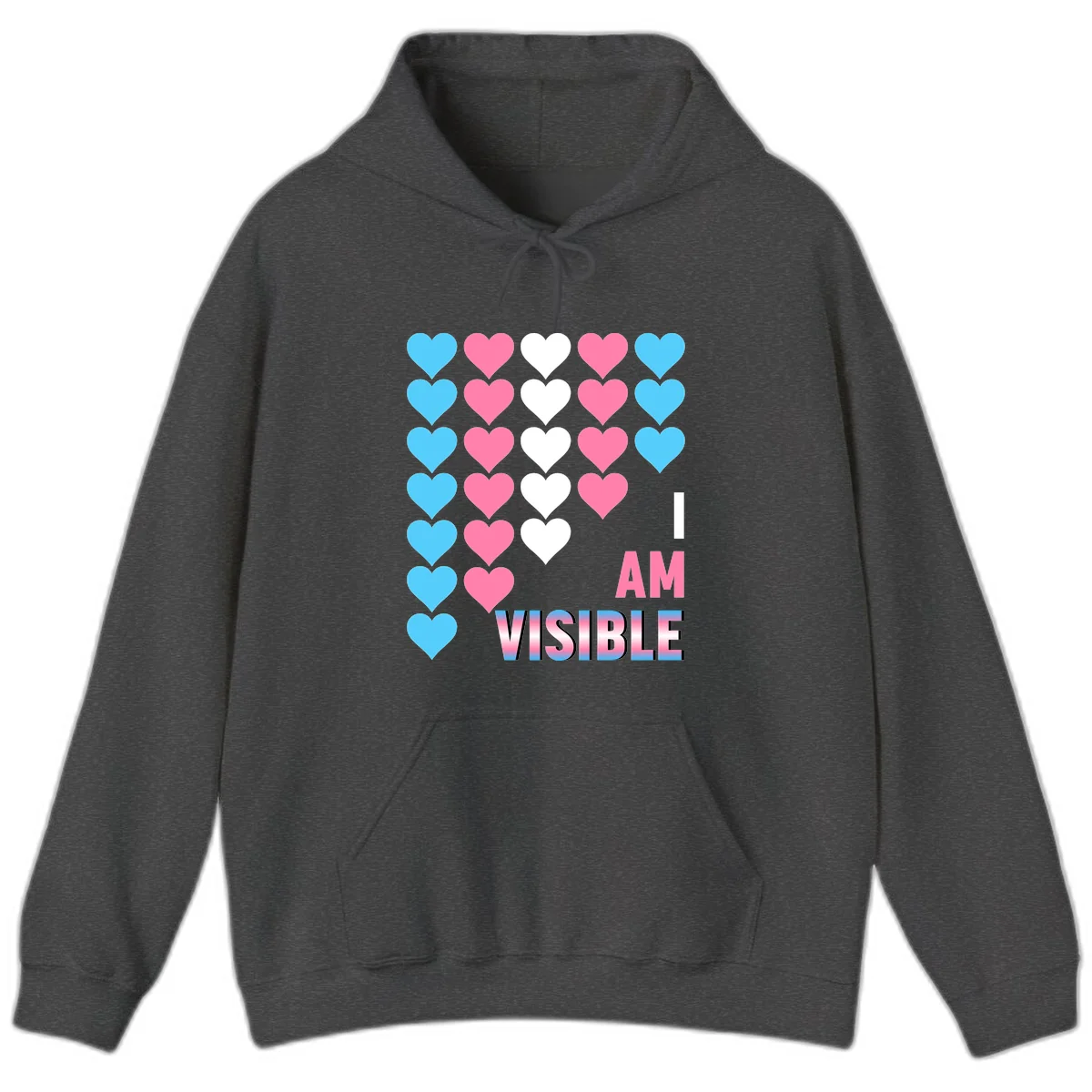 I Am Visible Pride design with repeating cyan, pink, and white hearts on gray background and gradient text message in Dark Heather