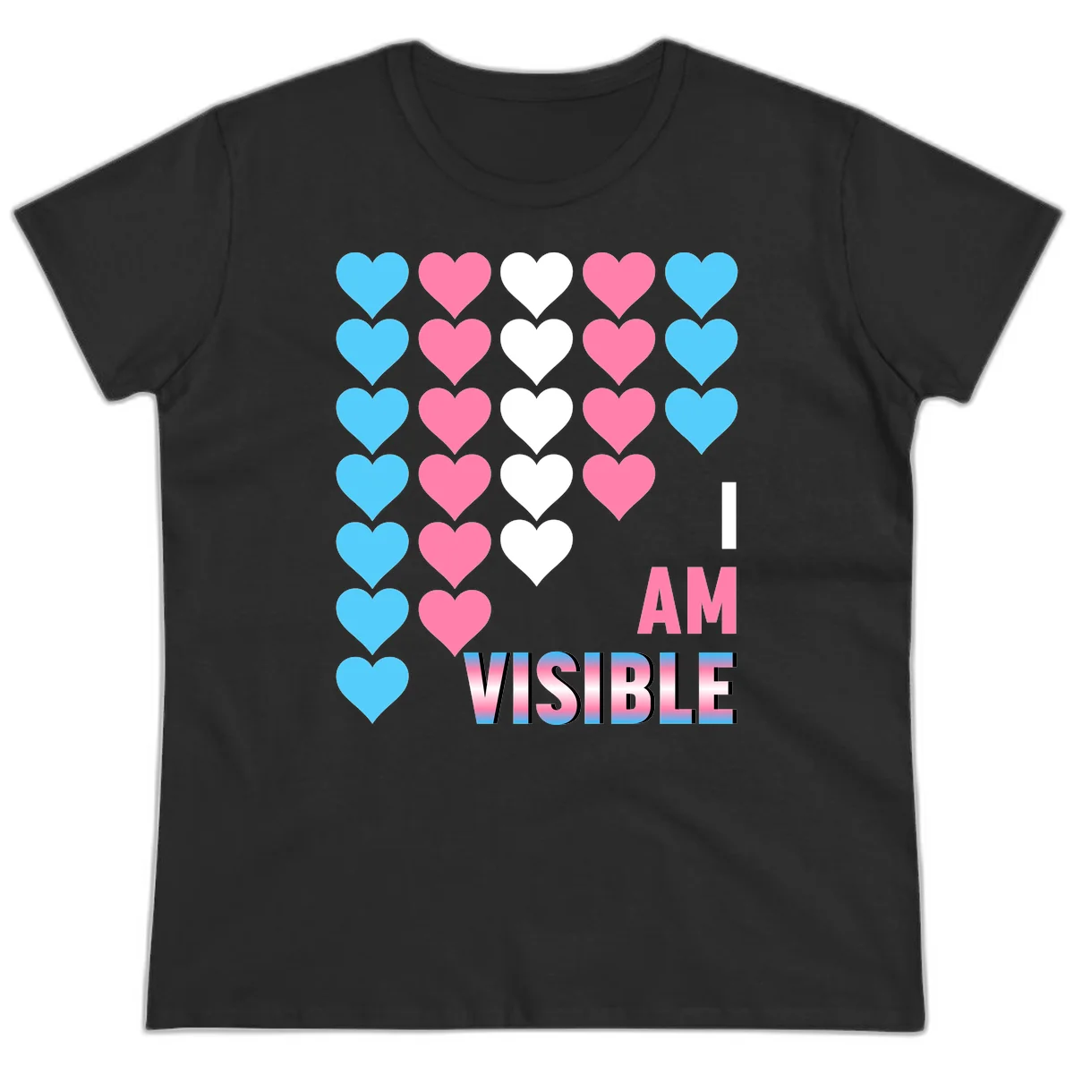 I Am Visible Pride design with repeating cyan, pink, and white hearts on gray background and gradient text message in Black