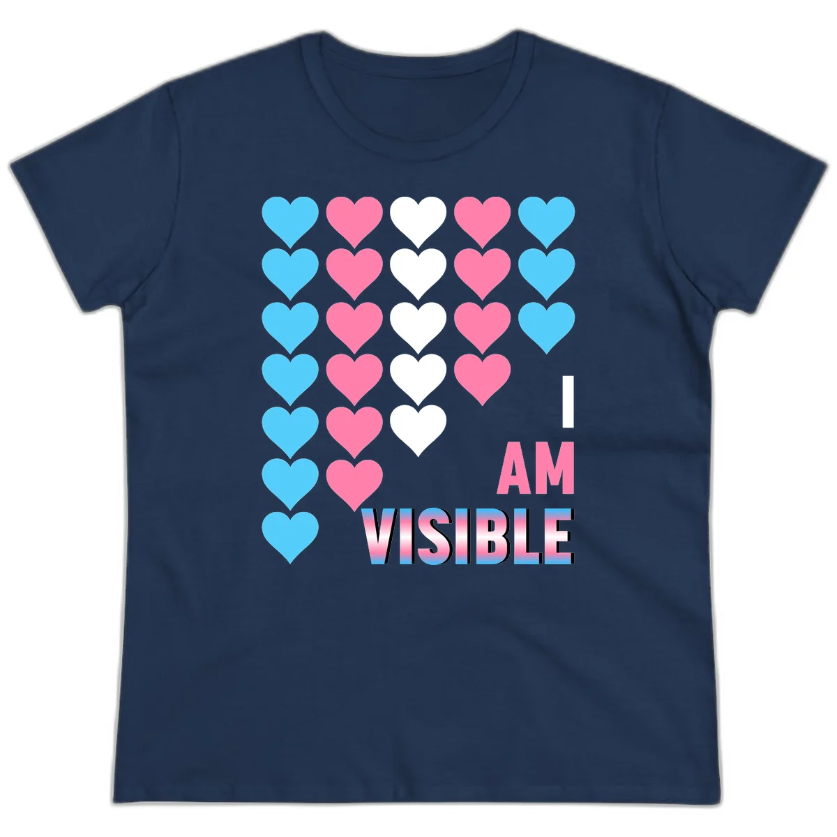 I Am Visible Pride design with repeating cyan, pink, and white hearts on gray background and gradient text message in Navy