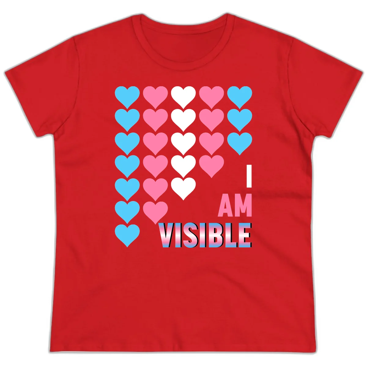 I Am Visible Pride design with repeating cyan, pink, and white hearts on gray background and gradient text message in Red
