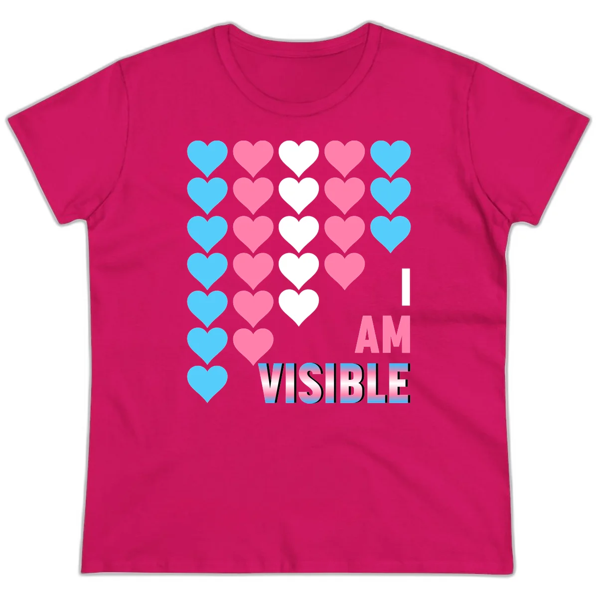I Am Visible Pride design with repeating cyan, pink, and white hearts on gray background and gradient text message in Heliconia