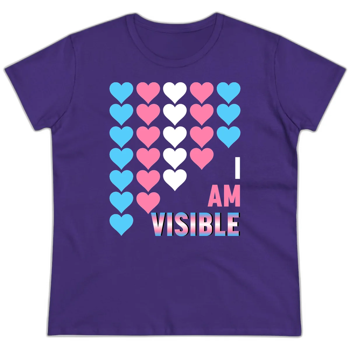 I Am Visible Pride design with repeating cyan, pink, and white hearts on gray background and gradient text message in Purple