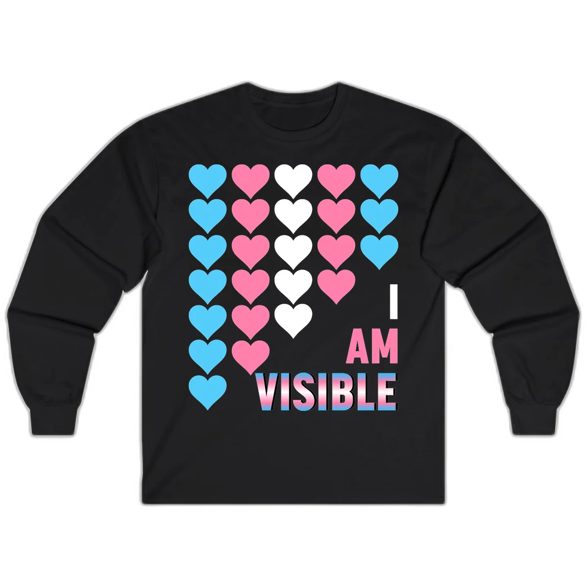I Am Visible Pride design with repeating cyan, pink, and white hearts on gray background and gradient text message in Black