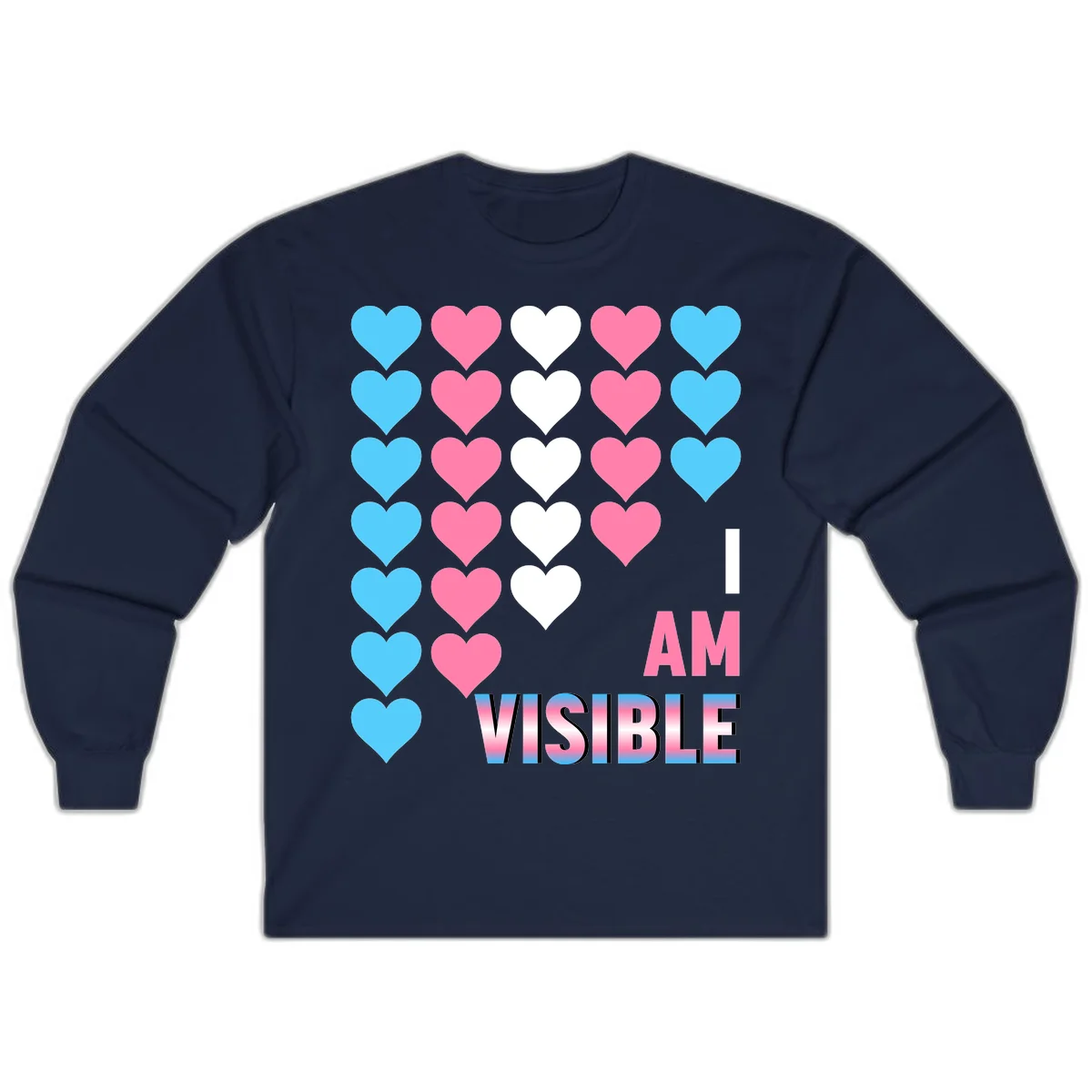 I Am Visible Pride design with repeating cyan, pink, and white hearts on gray background and gradient text message in Navy