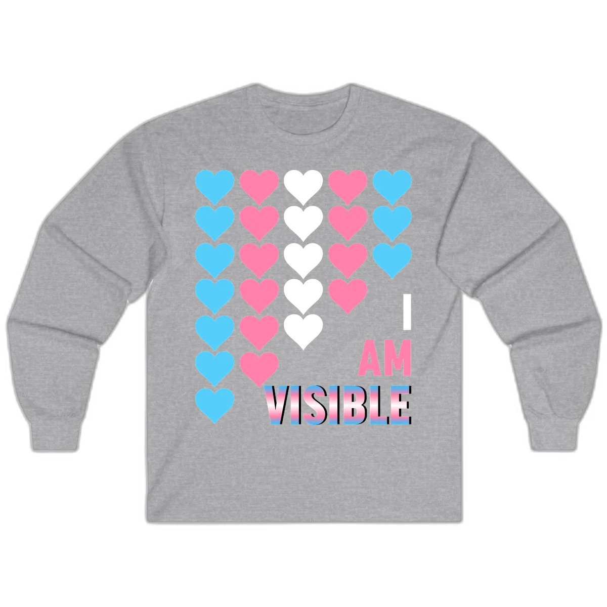 I Am Visible Pride design with repeating cyan, pink, and white hearts on gray background and gradient text message in Sport Grey
