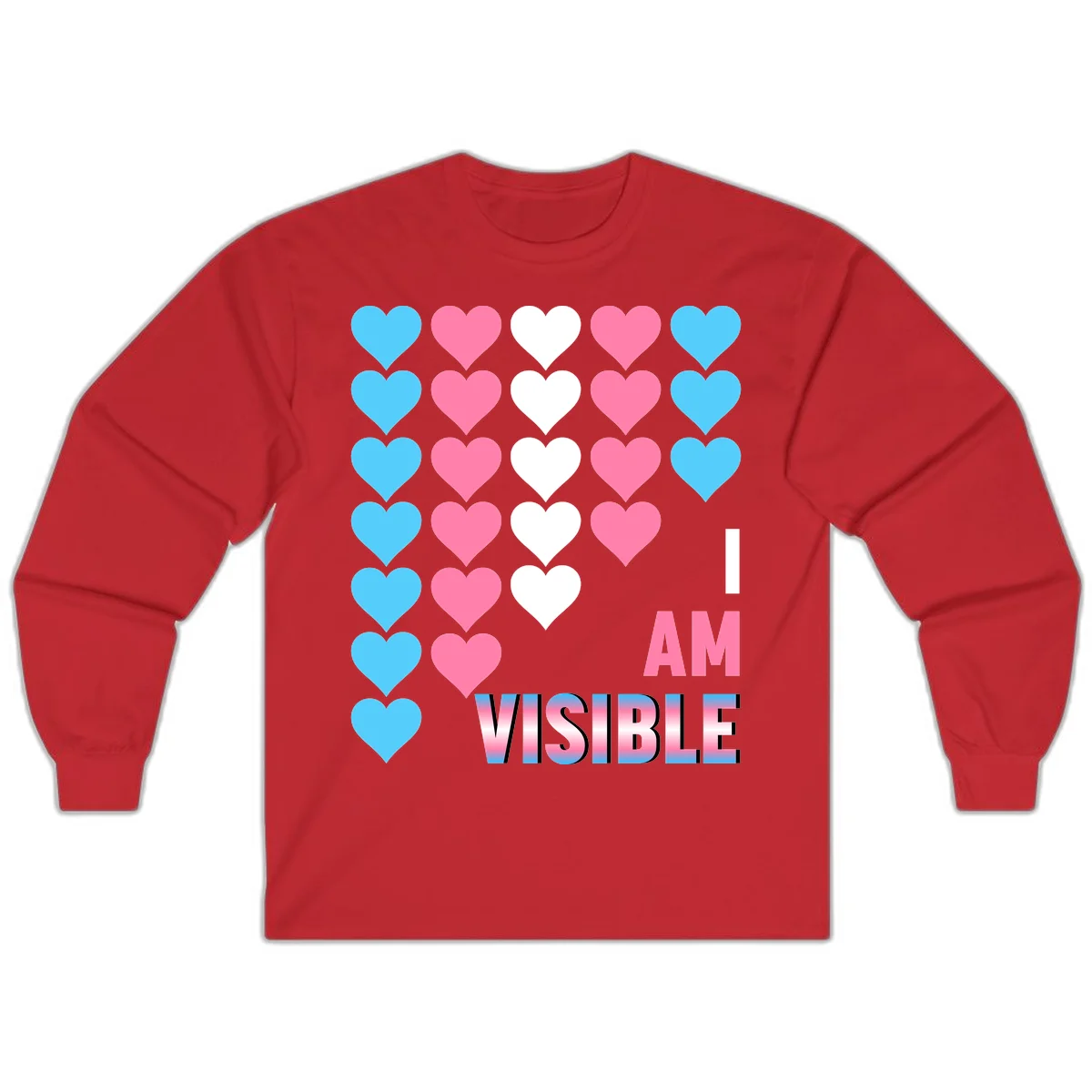 I Am Visible Pride design with repeating cyan, pink, and white hearts on gray background and gradient text message in Red
