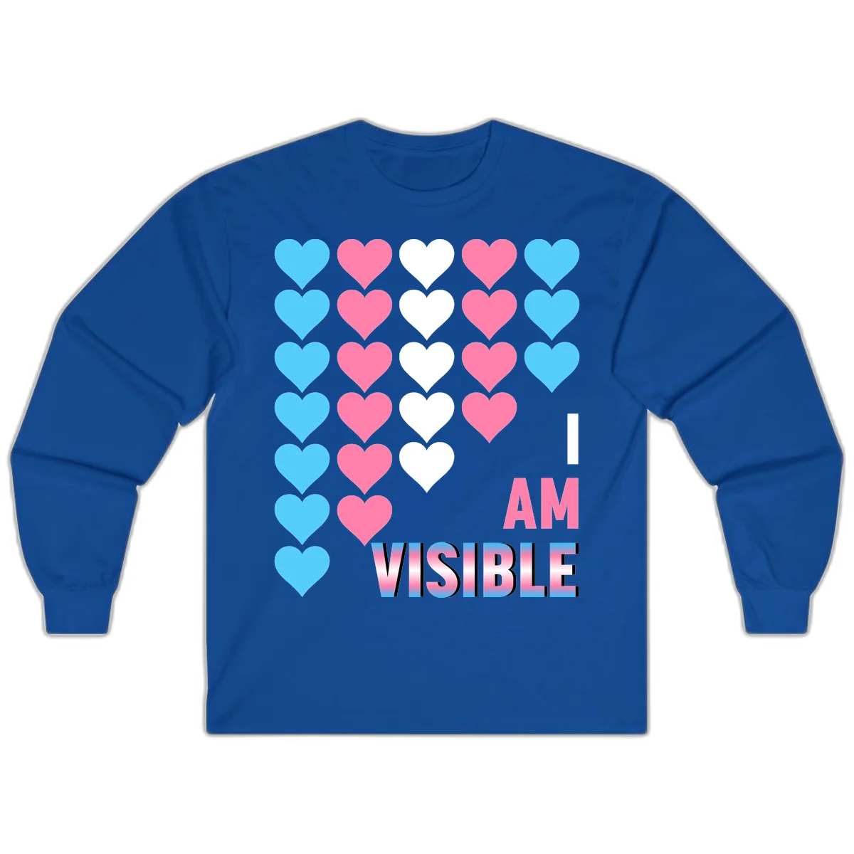 I Am Visible Pride design with repeating cyan, pink, and white hearts on gray background and gradient text message in Royal