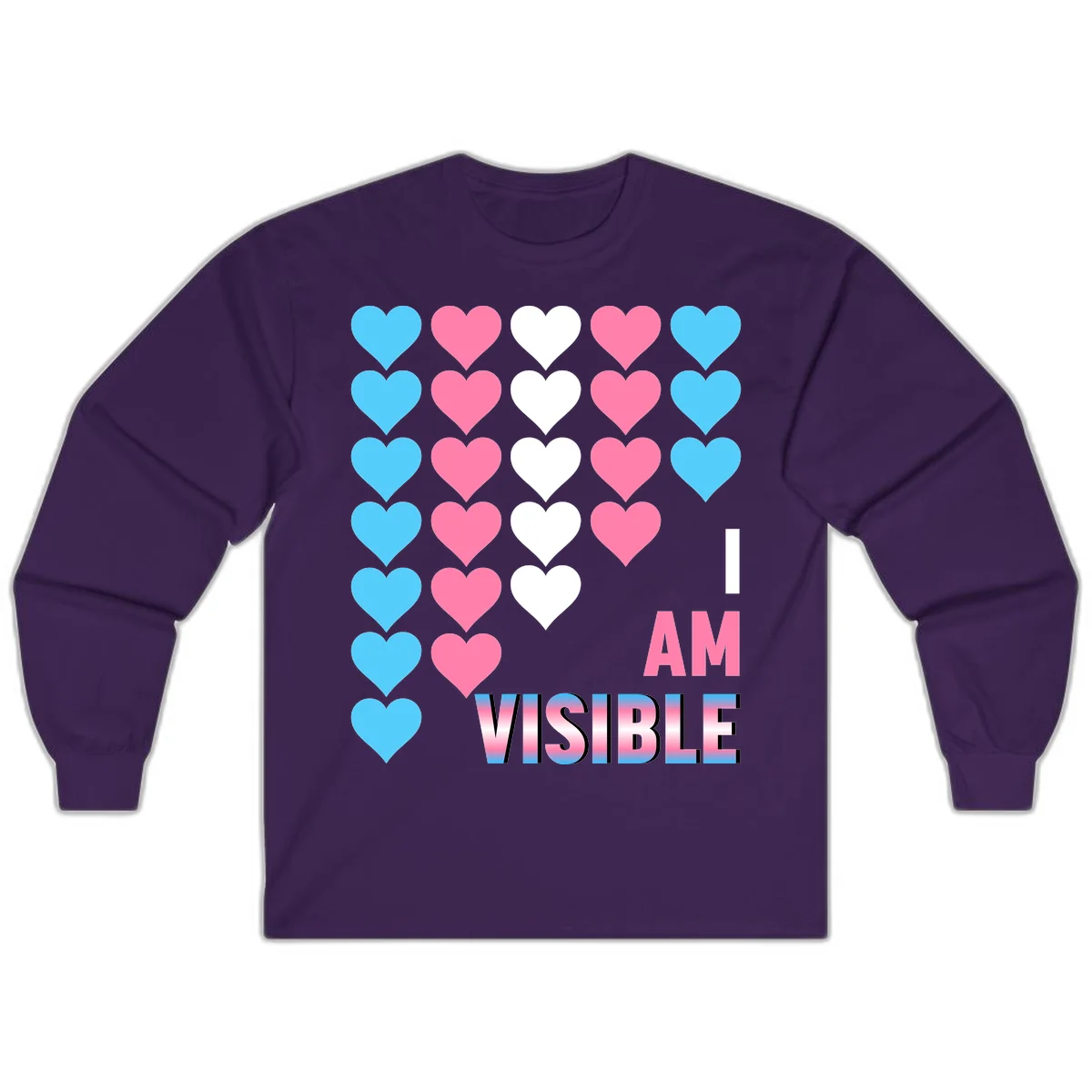 I Am Visible Pride design with repeating cyan, pink, and white hearts on gray background and gradient text message in Purple