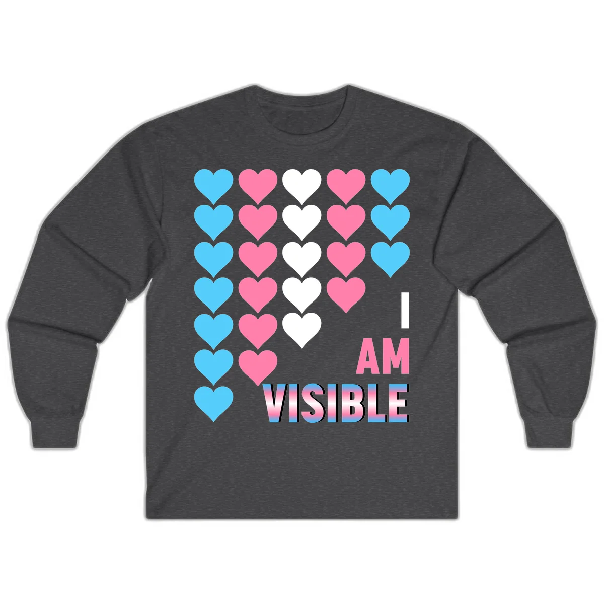 I Am Visible Pride design with repeating cyan, pink, and white hearts on gray background and gradient text message in Dark Heather