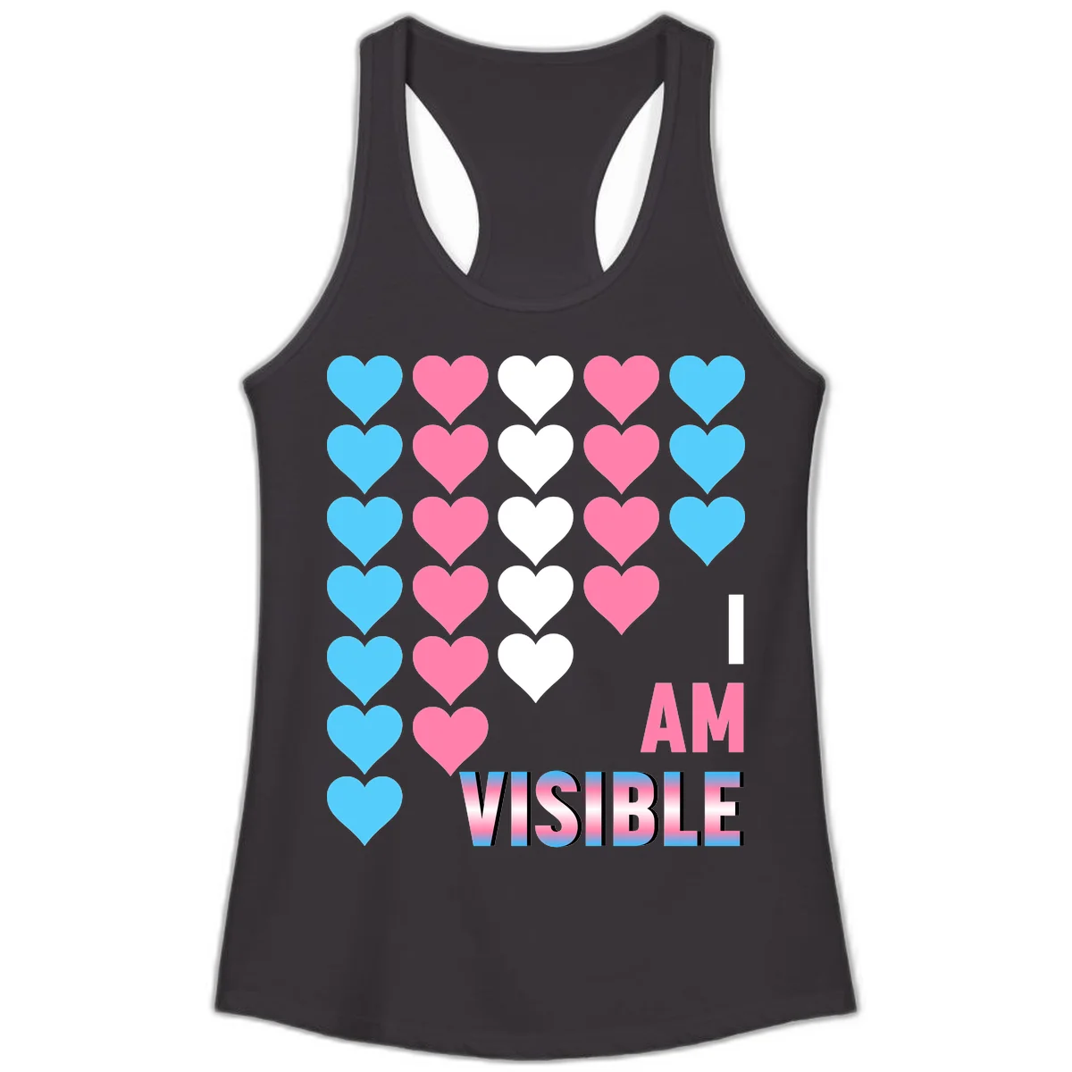 I Am Visible Pride design with repeating cyan, pink, and white hearts on gray background and gradient text message in Black