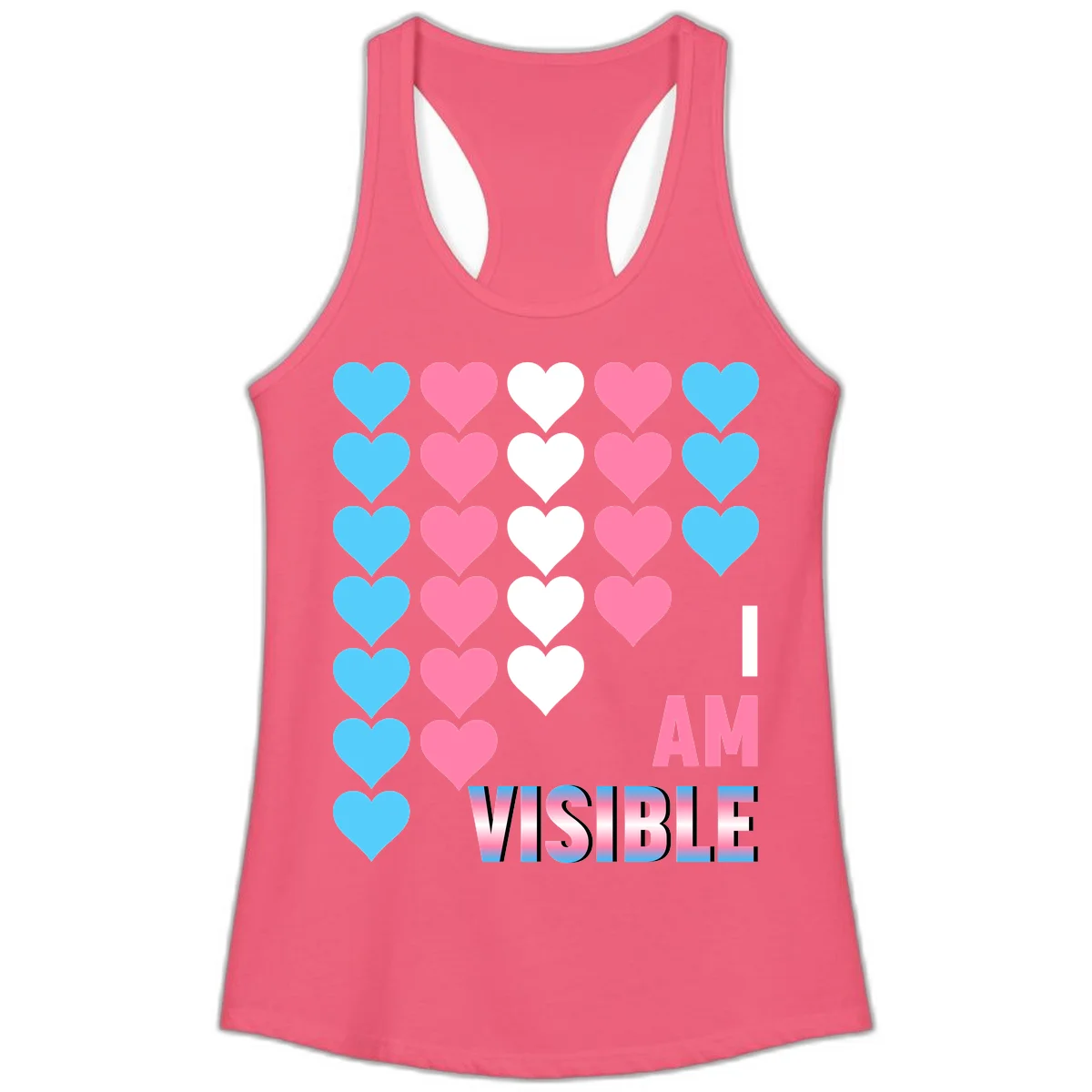I Am Visible Pride design with repeating cyan, pink, and white hearts on gray background and gradient text message in Hot Pink