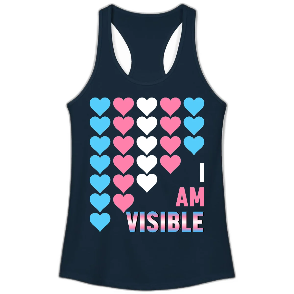 I Am Visible Pride design with repeating cyan, pink, and white hearts on gray background and gradient text message in Solid Midnight Navy