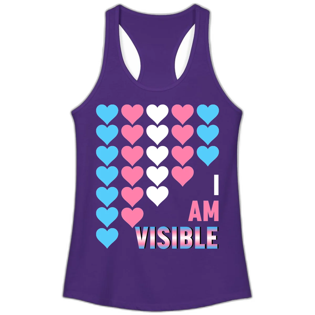 I Am Visible Pride design with repeating cyan, pink, and white hearts on gray background and gradient text message in Solid Purple Rush