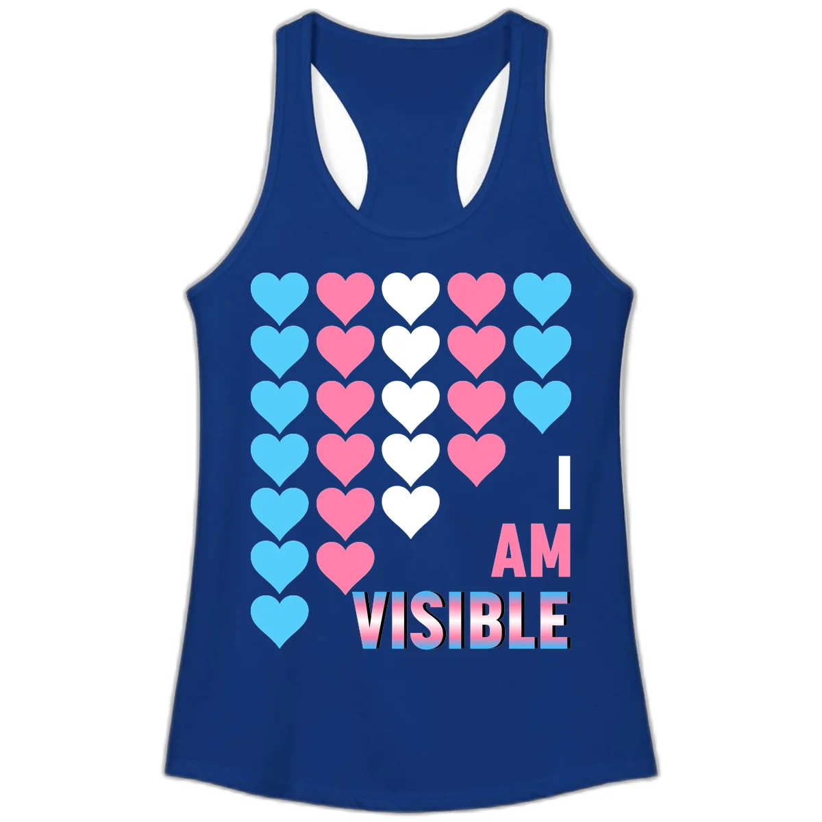 I Am Visible Pride design with repeating cyan, pink, and white hearts on gray background and gradient text message in Solid Royal