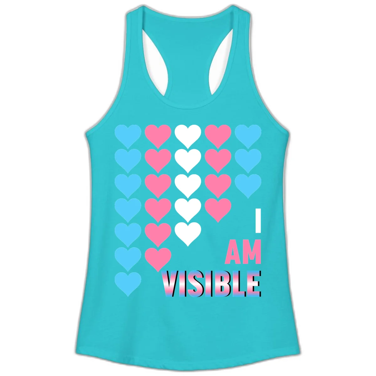 I Am Visible Pride design with repeating cyan, pink, and white hearts on gray background and gradient text message in Solid Tahiti Blue