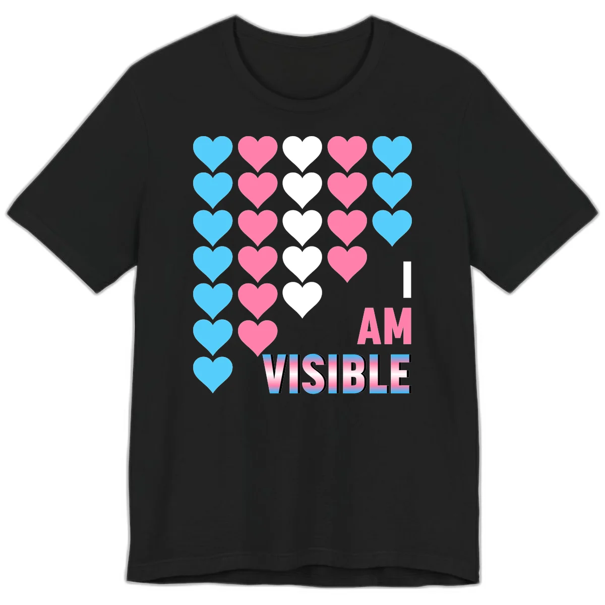I Am Visible Pride design with repeating cyan, pink, and white hearts on gray background and gradient text message in Black