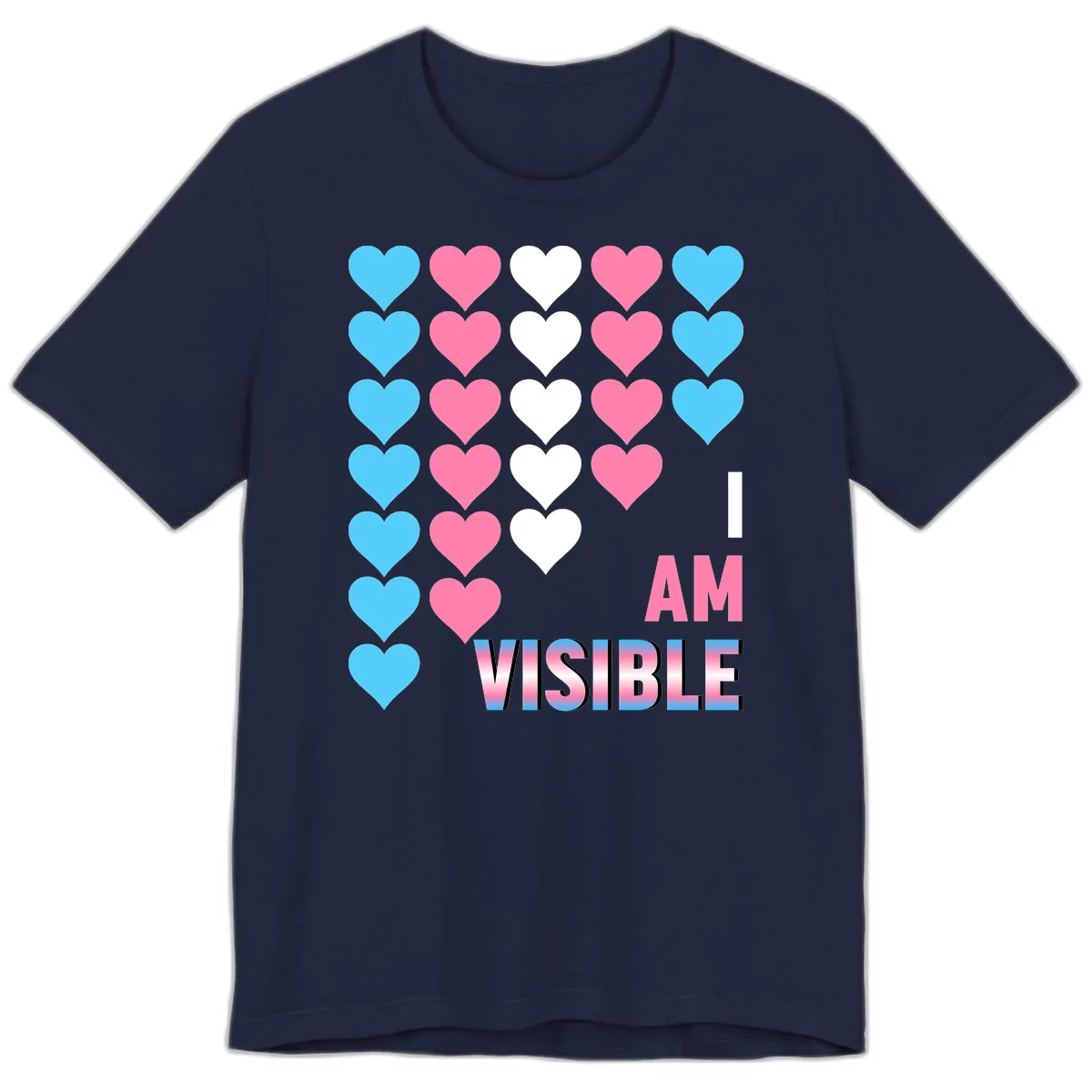 I Am Visible Pride design with repeating cyan, pink, and white hearts on gray background and gradient text message in Navy