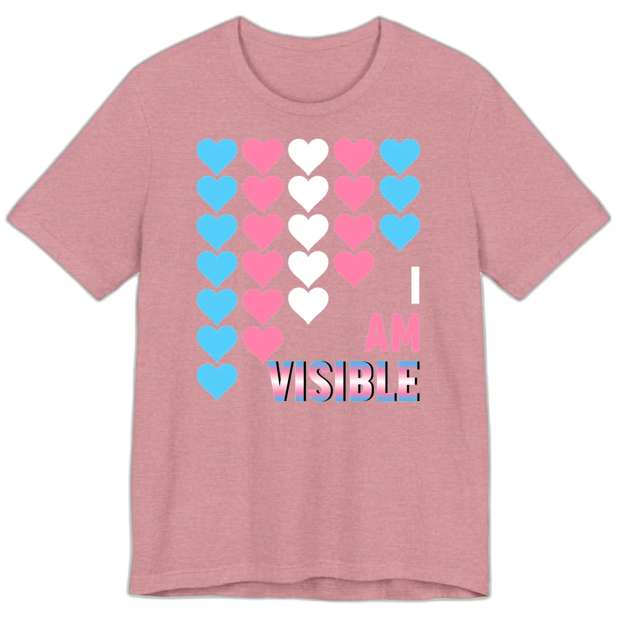 I Am Visible Pride design with repeating cyan, pink, and white hearts on gray background and gradient text message in Heather Orchid