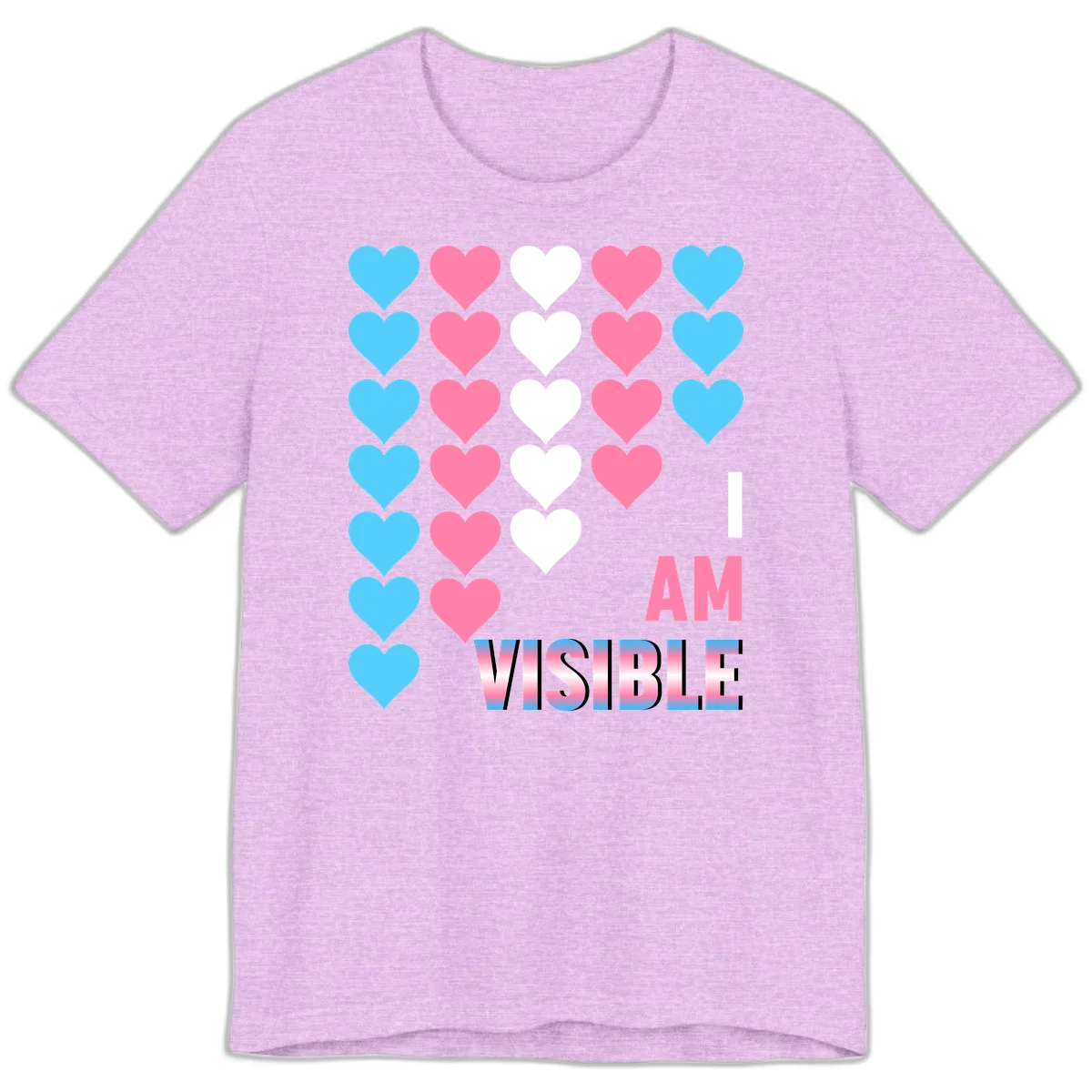 I Am Visible Pride design with repeating cyan, pink, and white hearts on gray background and gradient text message in Heather Prism Lilac
