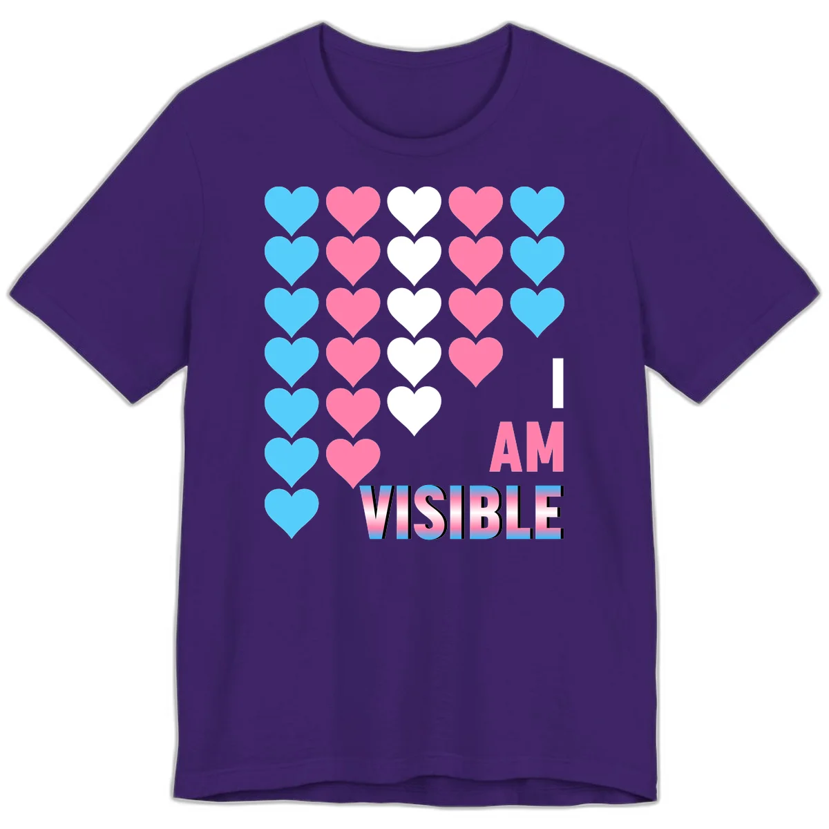 I Am Visible Pride design with repeating cyan, pink, and white hearts on gray background and gradient text message in Team Purple