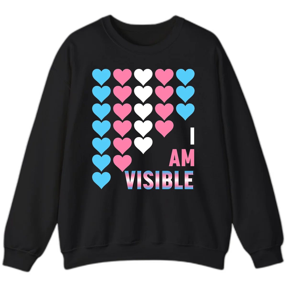 I Am Visible Pride design with repeating cyan, pink, and white hearts on gray background and gradient text message in Black