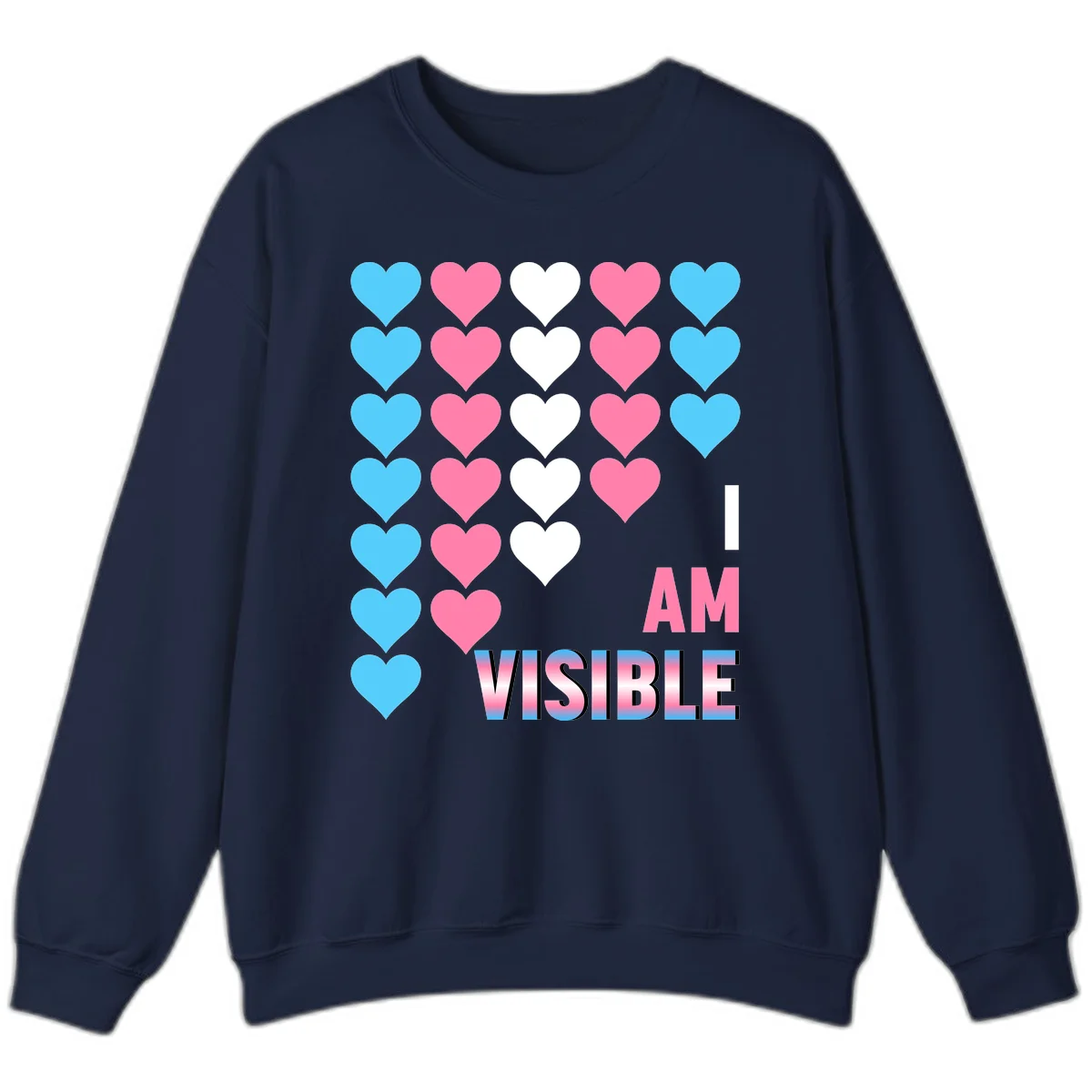 I Am Visible Pride design with repeating cyan, pink, and white hearts on gray background and gradient text message in Navy