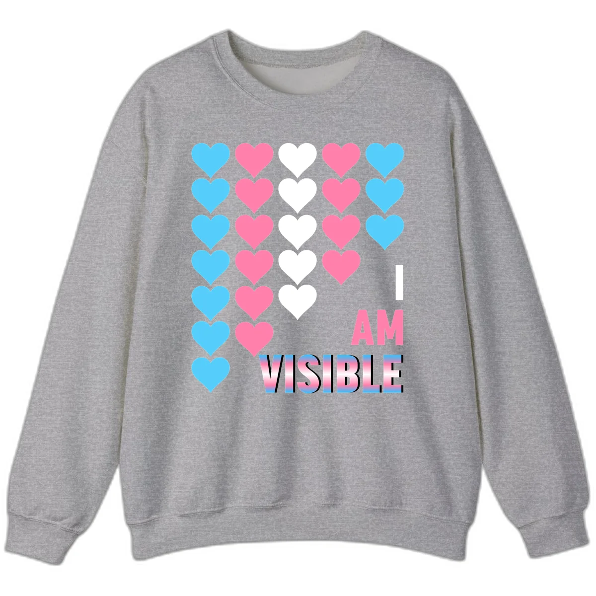 I Am Visible Pride design with repeating cyan, pink, and white hearts on gray background and gradient text message in Sport Grey
