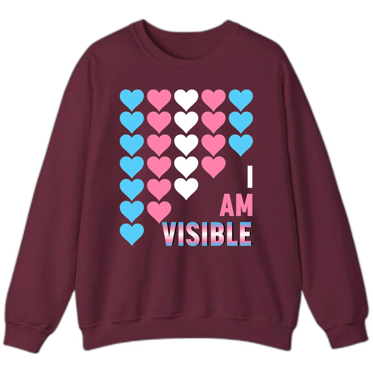 I Am Visible Pride design with repeating cyan, pink, and white hearts on gray background and gradient text message in Maroon