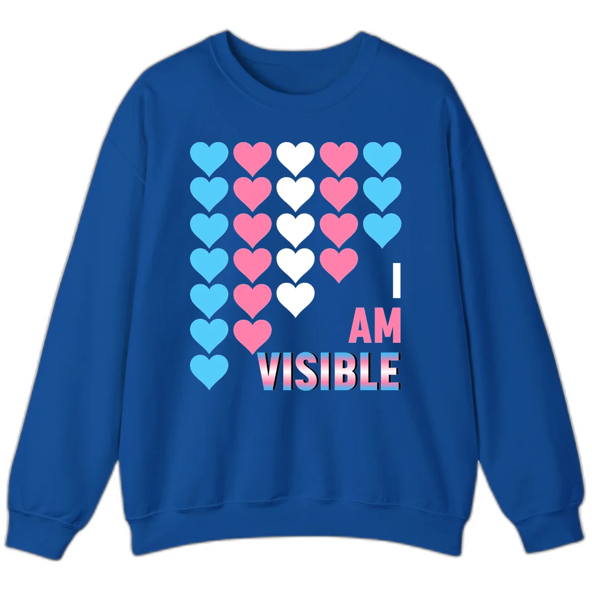I Am Visible Pride design with repeating cyan, pink, and white hearts on gray background and gradient text message in Royal