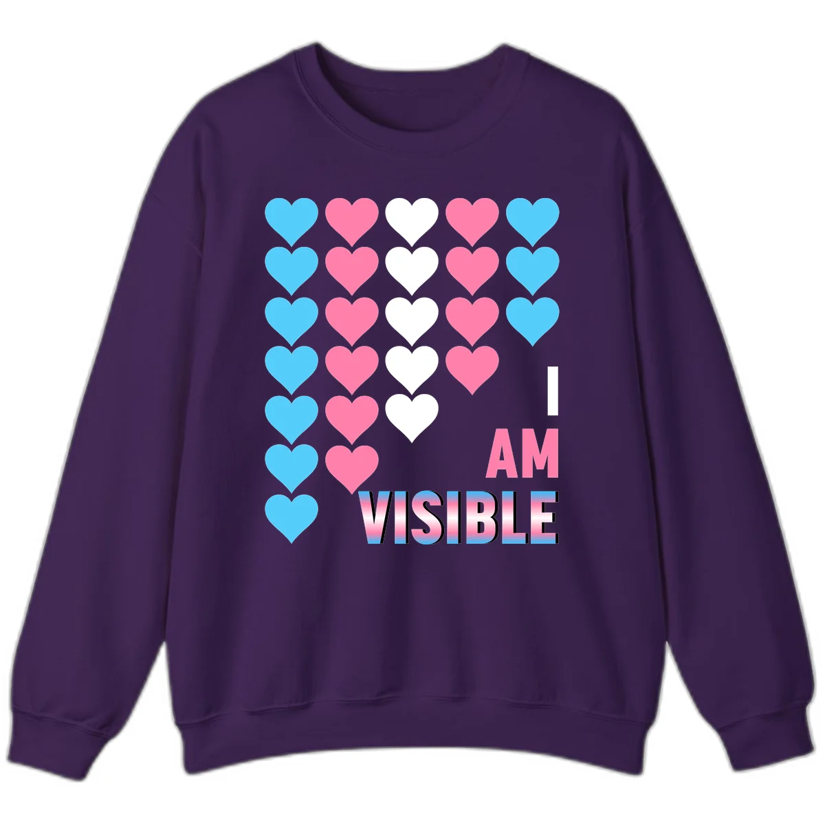 I Am Visible Pride design with repeating cyan, pink, and white hearts on gray background and gradient text message in Purple