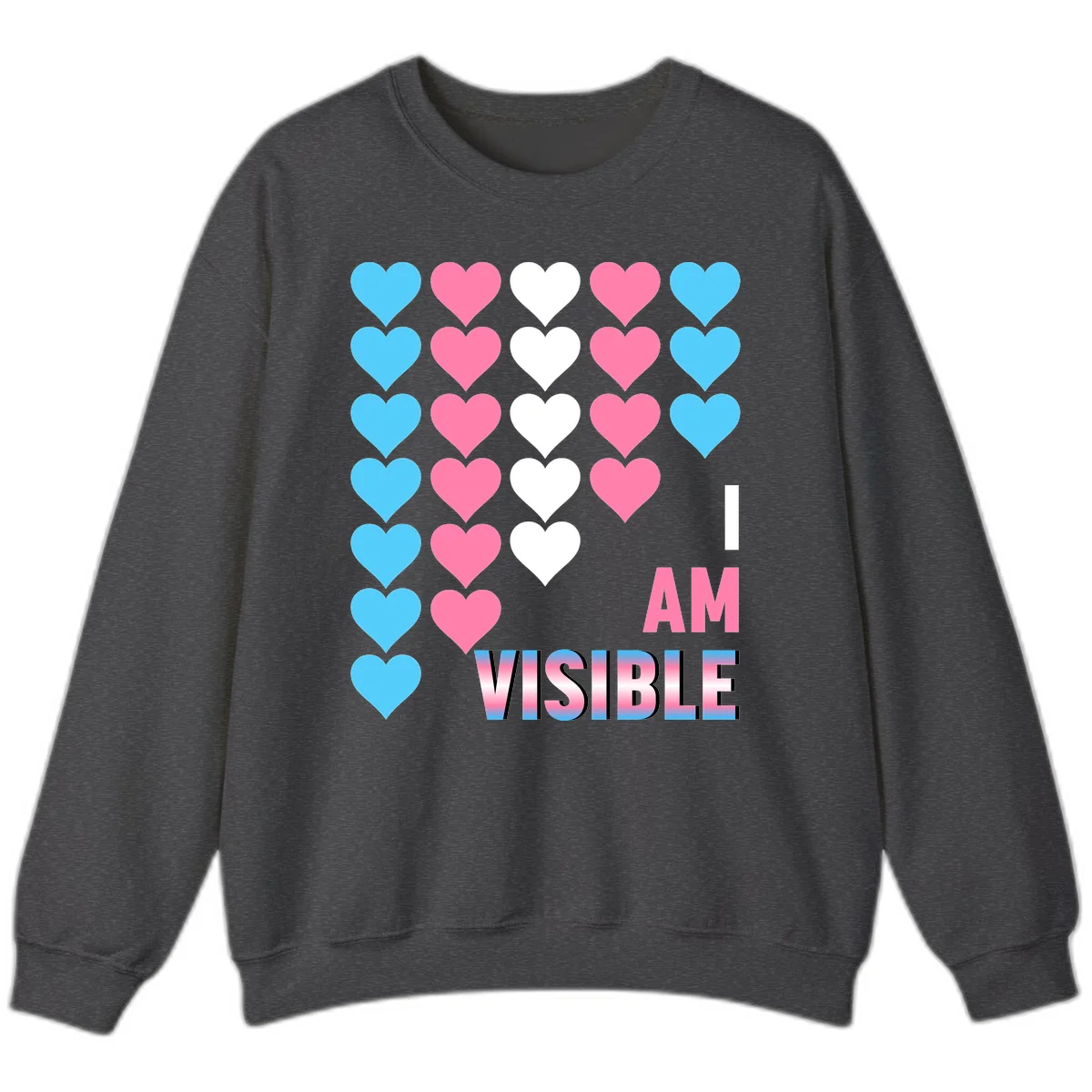 I Am Visible Pride design with repeating cyan, pink, and white hearts on gray background and gradient text message in Dark Heather