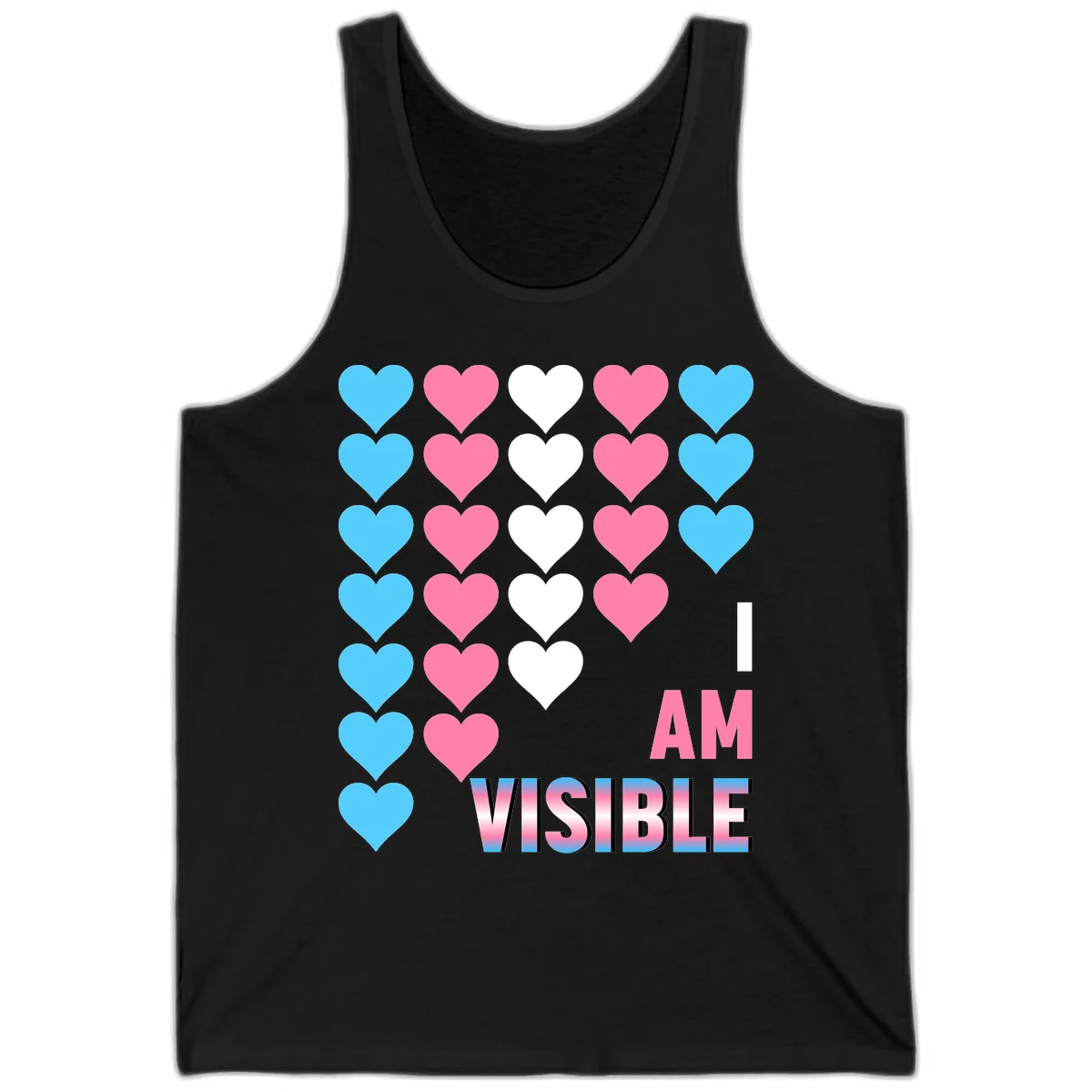 I Am Visible Pride design with repeating cyan, pink, and white hearts on gray background and gradient text message in Black