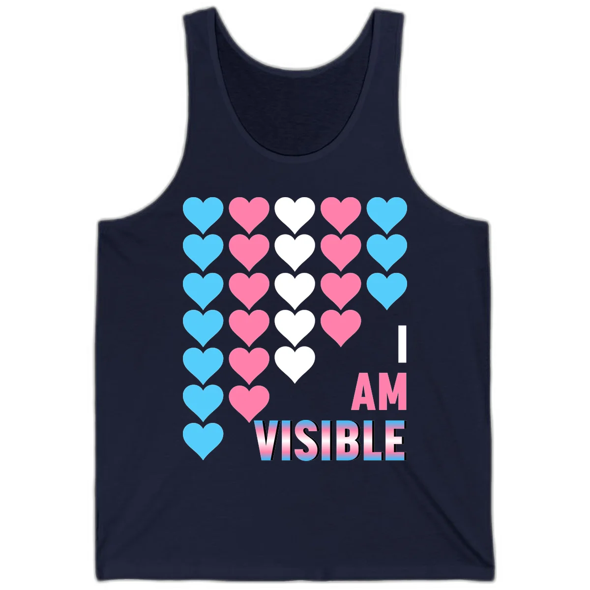 I Am Visible Pride design with repeating cyan, pink, and white hearts on gray background and gradient text message in Navy
