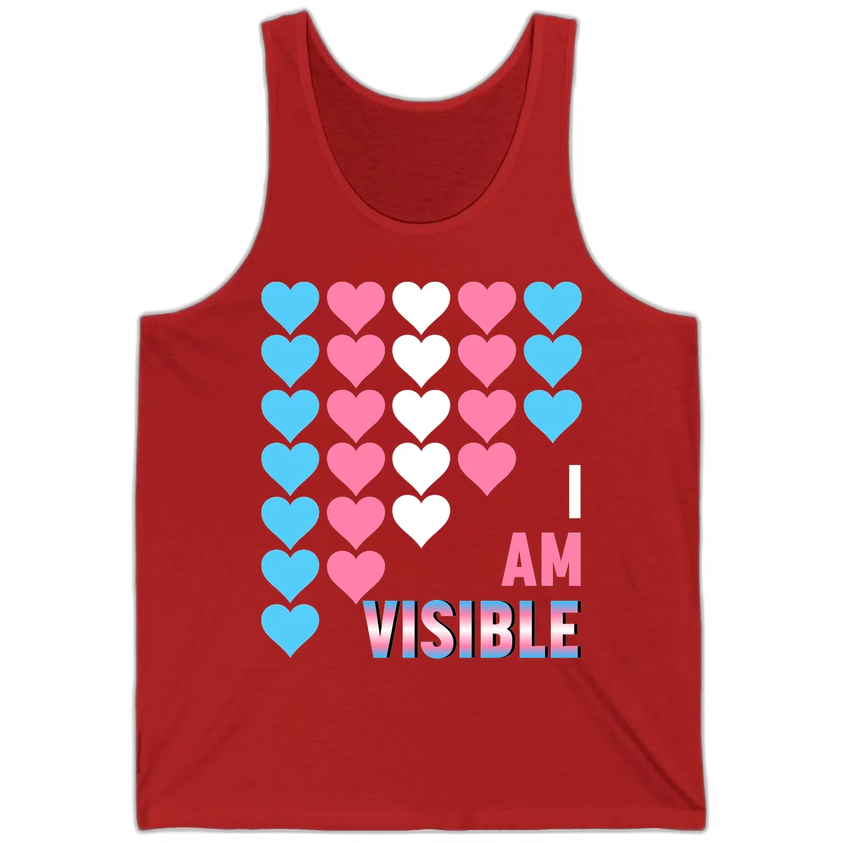 I Am Visible Pride design with repeating cyan, pink, and white hearts on gray background and gradient text message in Red