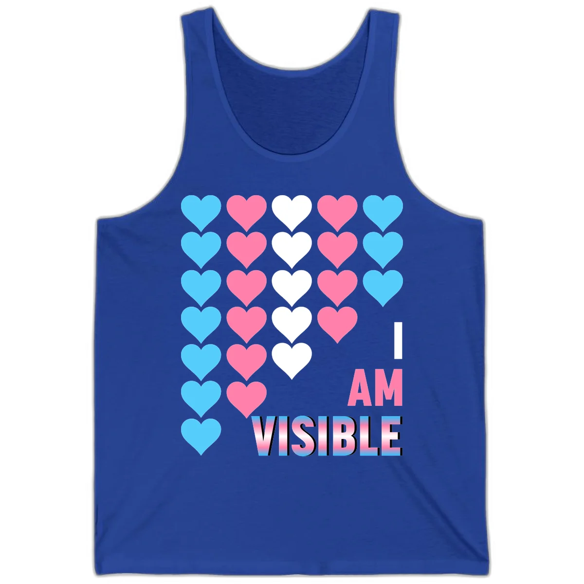 I Am Visible Pride design with repeating cyan, pink, and white hearts on gray background and gradient text message in True Royal