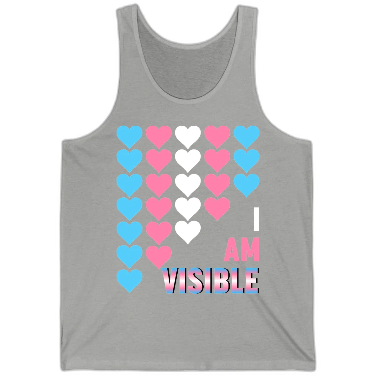 I Am Visible Pride design with repeating cyan, pink, and white hearts on gray background and gradient text message in Athletic Heather