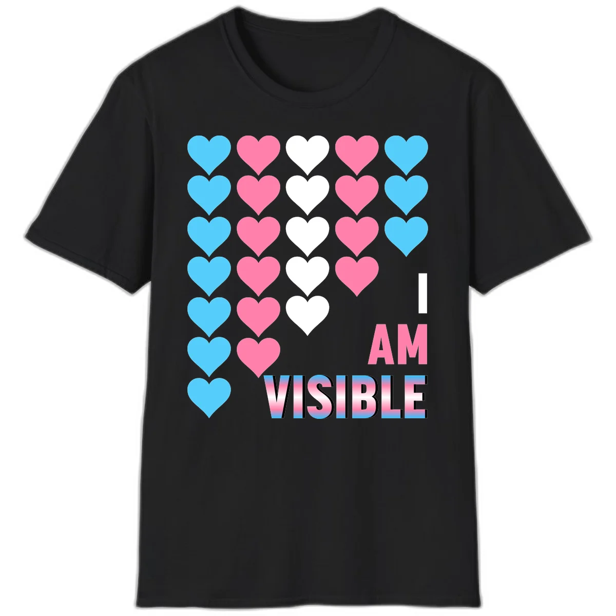 I Am Visible Pride design with repeating cyan, pink, and white hearts on gray background and gradient text message in Black