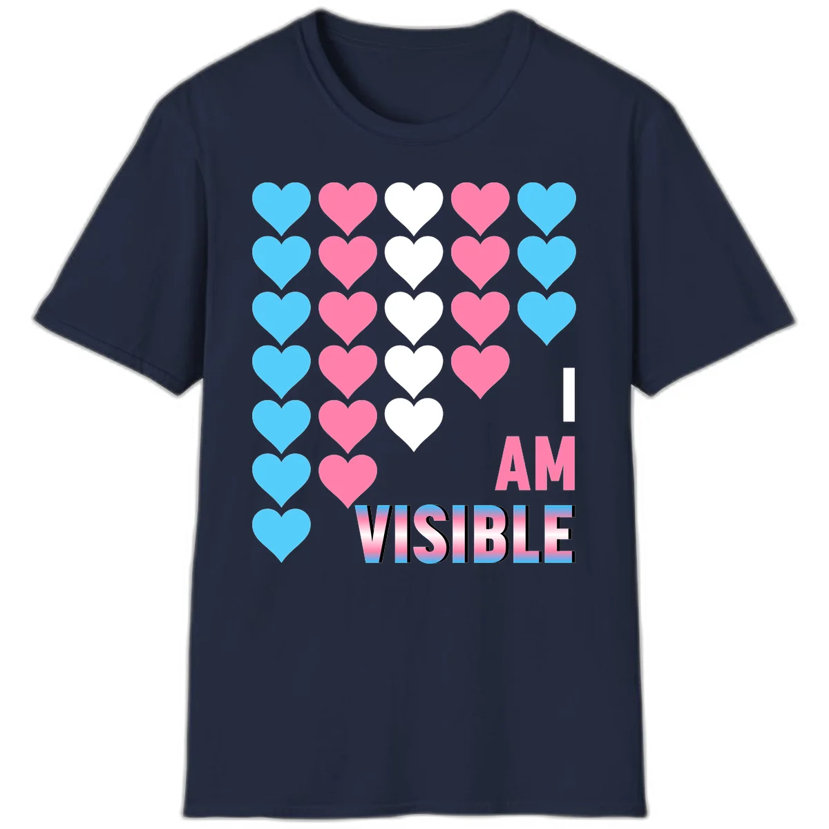 I Am Visible Pride design with repeating cyan, pink, and white hearts on gray background and gradient text message in Navy