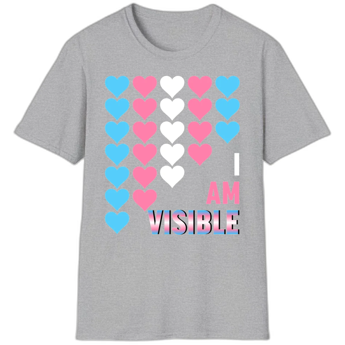 I Am Visible Pride design with repeating cyan, pink, and white hearts on gray background and gradient text message in Sport Grey