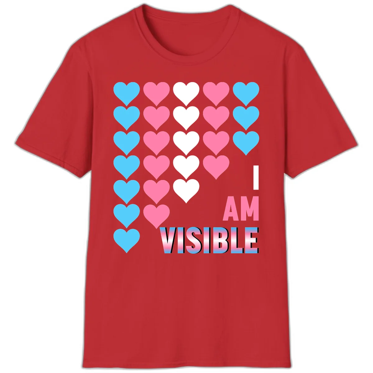 I Am Visible Pride design with repeating cyan, pink, and white hearts on gray background and gradient text message in Red
