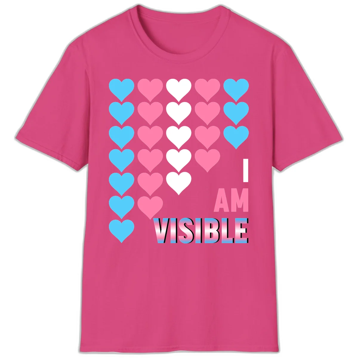 I Am Visible Pride design with repeating cyan, pink, and white hearts on gray background and gradient text message in Heliconia
