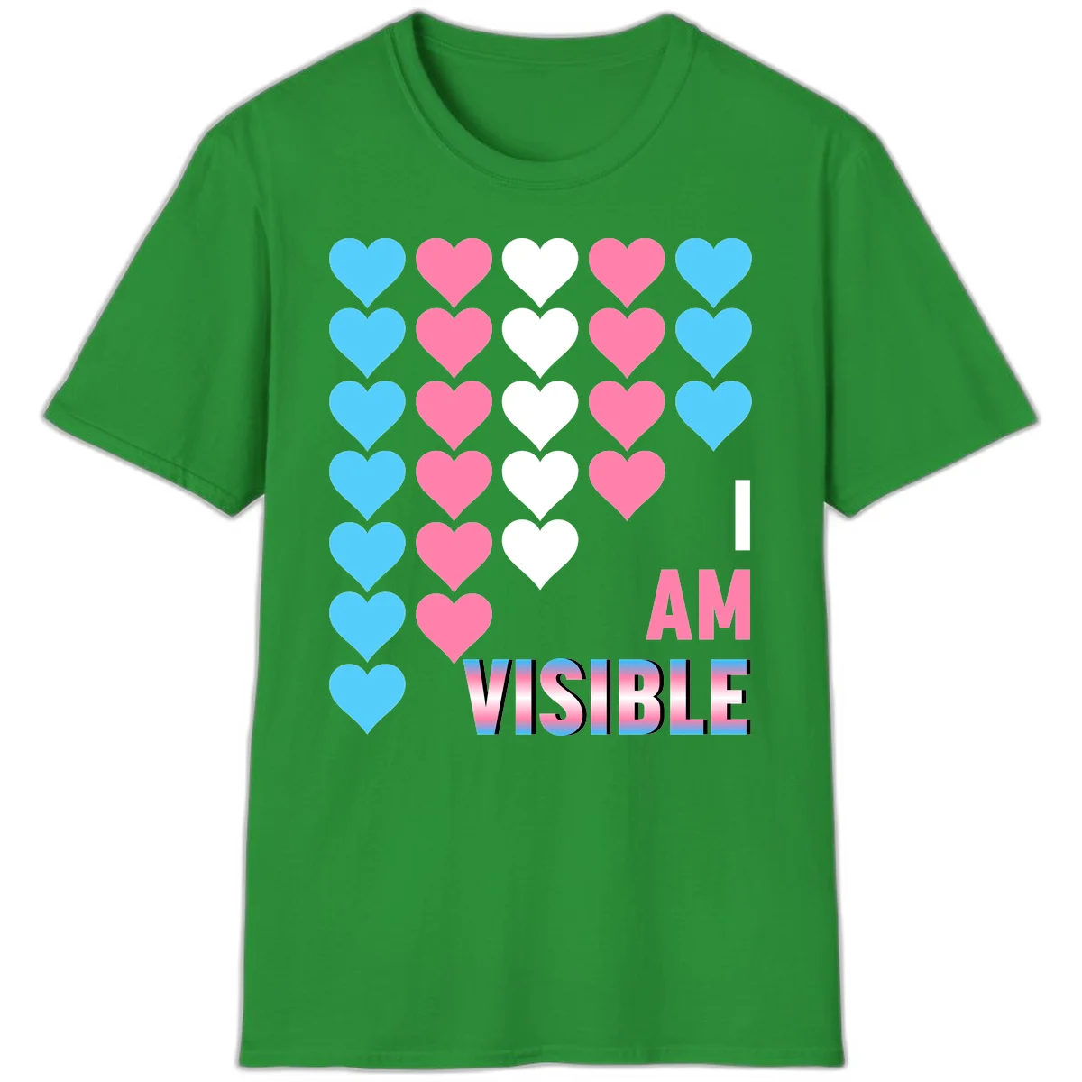 I Am Visible Pride design with repeating cyan, pink, and white hearts on gray background and gradient text message in Irish Green