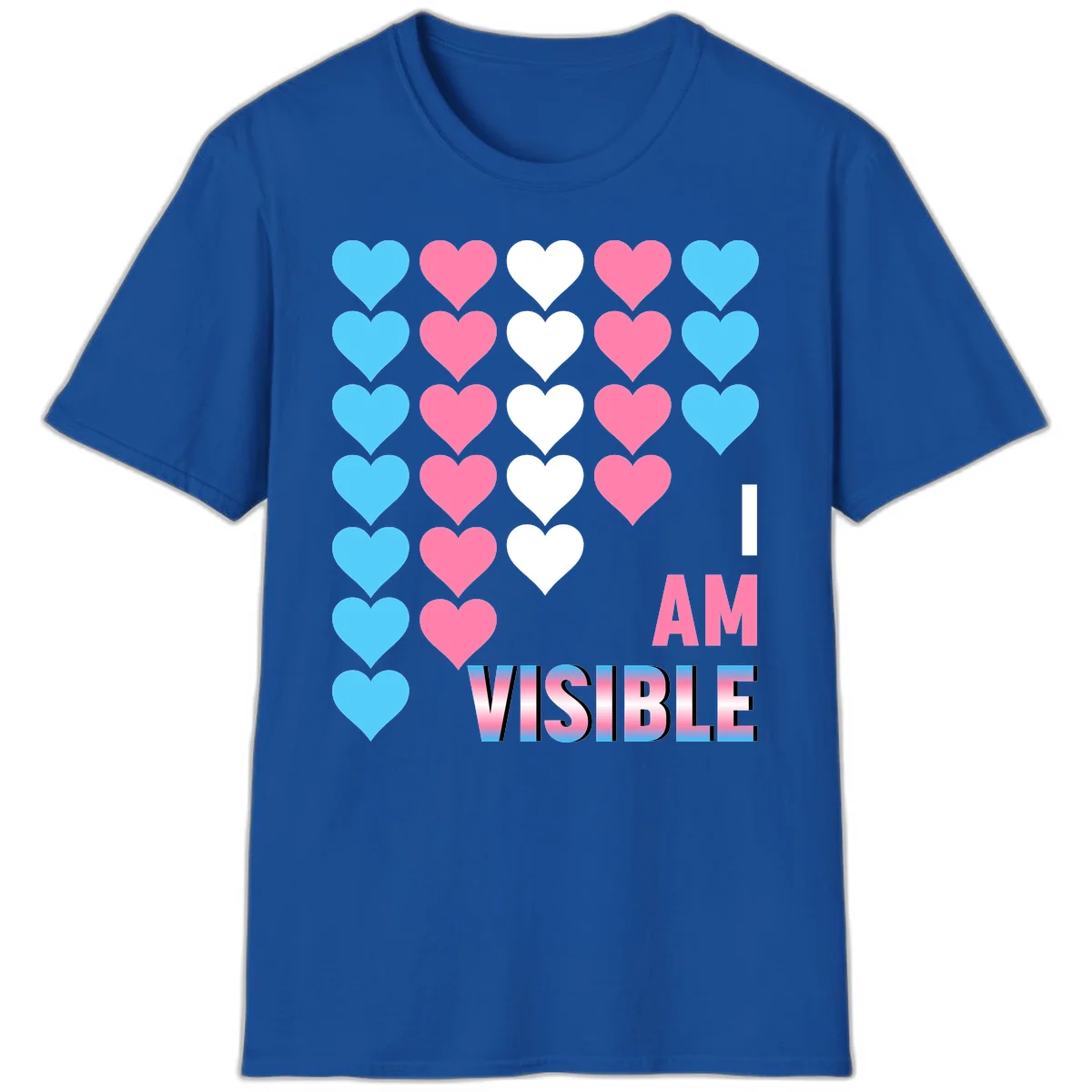I Am Visible Pride design with repeating cyan, pink, and white hearts on gray background and gradient text message in Royal